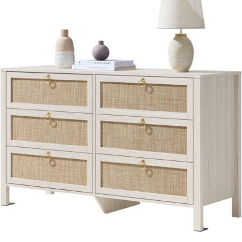 Bayou Breeze Pomodoro 51" W Rattan 6-Drawer Dresser With Golden Handles — Coastal Boho Bedroom Storage Chest & Reviews | Wayfair