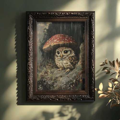 Owl Under the Mushroom | Cottagecore Prints, Bird Wall Art, Woodland Nursery Decor, Nature Aesthetic, Dark Academia Print, Whimsical Art