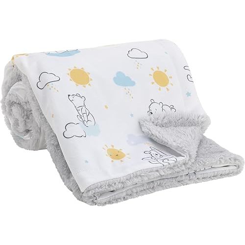 Disney Winnie The Pooh White, Yellow, and Aqua Sunshine and Clouds Super Soft Velboa with Sherpa Back Baby Blanket