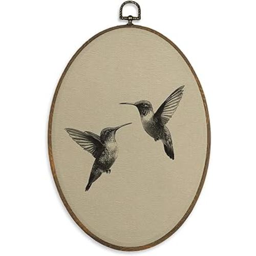 XBBMGG Vintage Hummingbird Wall Art Decor, Rustic Farmhouse Bird Oval Wall Hanging Decor, Neutral Cottagecore Bird Framed Canvas Prints for Home Living Room Bathroom Decorations, 8.6x11.4 inch