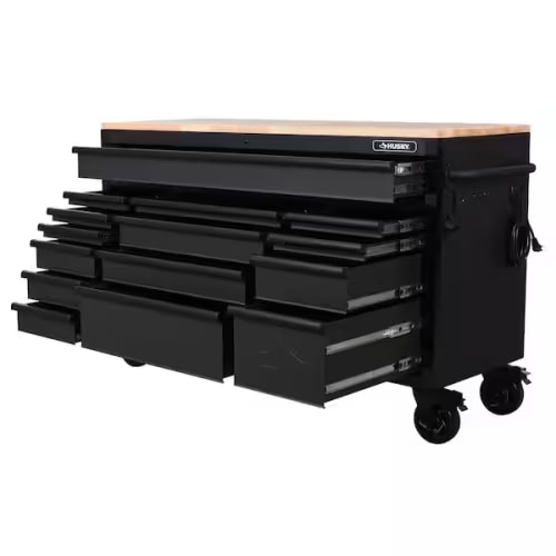 Husky Heavy Duty 61 in. W x 22 in. D 15-Drawer Matte Black Mobile Workbench Cabinet with Solid Wood Top H61MWC15HD-TL