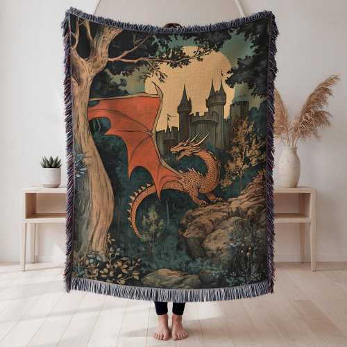 Retro Medieval Dragon Woven Blanket Cottagecore Tapestry Throw Dark Academia Cotton Blanket Fantasy Lover Gift Mythical Fairycore Home Decor