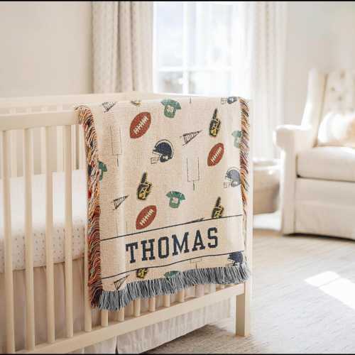 Custom Woven Baby Blanket, Sport Boy Nursery Theme, Newborn Name Blanket, Woven Throw Blanket, Vintage Football Newborn Blanket Gift