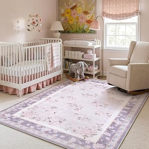 LIVEBOX Machine Washable Area Rugs 5x7 Lavender Rug Girls Bedroom, Soft Ultra-Thin Nursery Girl for Living Room, Purple Rugs for Girls Room, Lilac Rug for Nursery Room