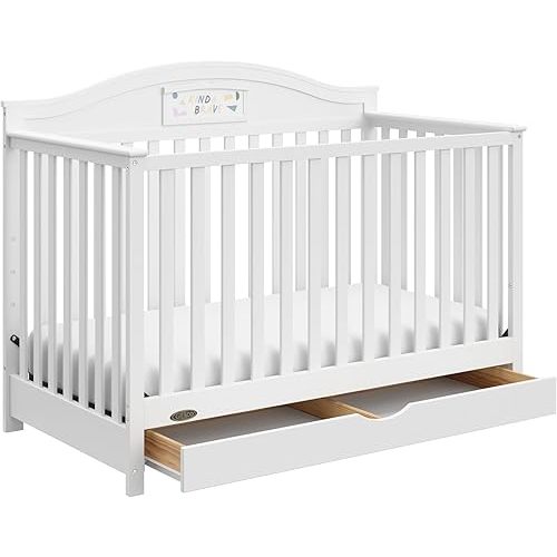 Graco Story 5-in-1 Convertible Crib with Drawer – GREENGUARD Gold Certified Wood Crib, Converts to Toddler Bed, Daybed, Full-Size Bed, Nursery Storage Drawer, Reversible Headboard (White)