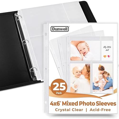 Dunwell Photo Sleeves for 3-Ring Binder, (4x6 Mixed Format, 25 Pack) for 150 Pictures, Each Photo Page Sheet Holds Six 4 x 6 Pictures or Postcards, Acid-Free Poly 4x6 Album Refill Pages