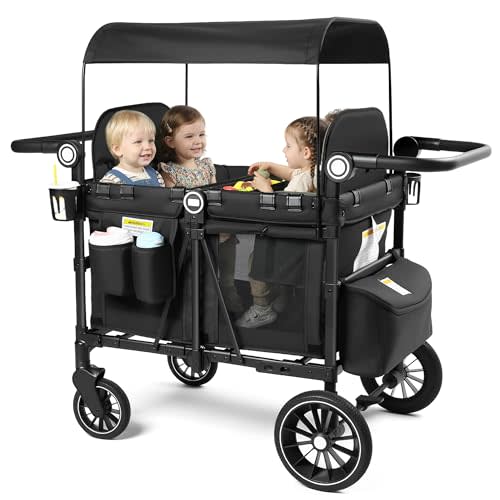Kinder King Wagon Stroller for 4 Kids, All-Terrain Foldable Outdoor Stroller Wagon 4 Seater, Removable Canopy, Adjustable Handle, Shock-Absorbing Wheel, Detachable Tray, Large Storage, Black