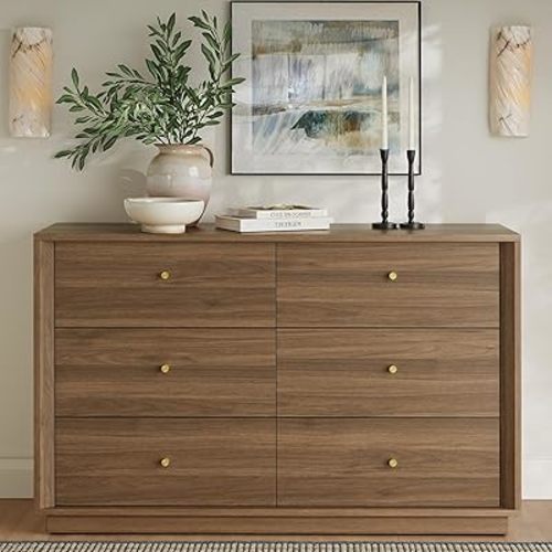 FORTUNETEC Mid Century Modern Dresser, 6 Drawer Dresser with Storage, 47" Wide Chest of Drawers with Wood Grain Texture, Drawers Organizer for Bedroom, Living Room, Hallway, Walnut