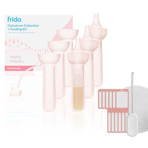 Frida Mom Colostrum Collection Kit, Catch, Store & Feed Breastmilk, Includes 6 Colostrum Collectors, 6 Labels, Cleaning Brush, Cloth & Case, Hospital Bag Ready, Safe Materials, 15pc kit