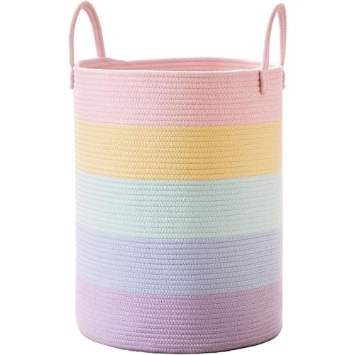 60L Laundry Hamper Basket for Baby Girls and Kids, Pastel Rainbow Unicorn Design, Woven Rope Nursery Storage Bin, Large 15Dx20H Inches for Clothes, Toys in Bedroom or Playroom