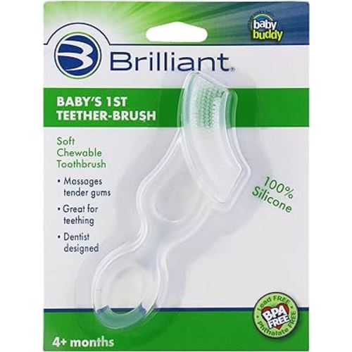 Brilliant Oral Care Baby’s First Toothbrush, Smooth Silicone Bristles Gently Clean Tender Teeth and Gums, for Ages 4+ Months, Clear, 1 Pack