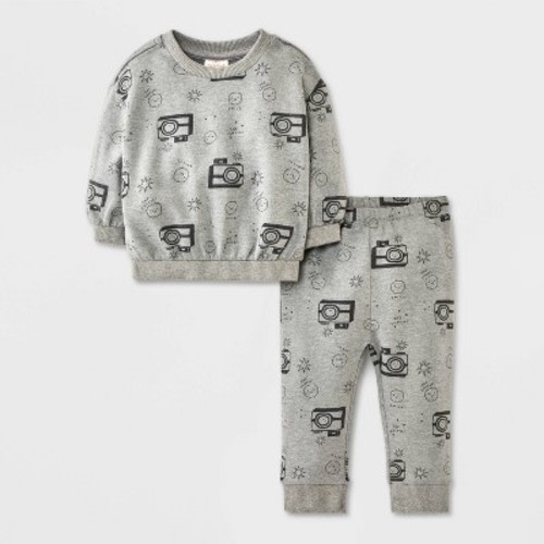 Baby Boys' 2pc Camera Fleece Sweatshirt & Jogger Pants Set - Cat & Jack™ Gray 6-9M