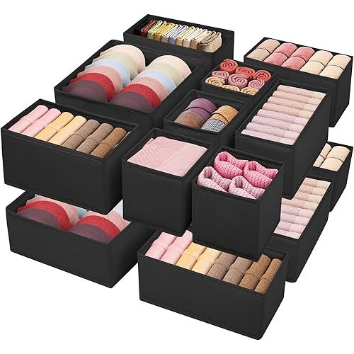 Drawer Clothes Organizer 16-Pack, Black 3 Sizes Underwear Drawer Dividers, Fabric Folding Wardrobe Organizer, Can Store Baby Clothes, Bras, Underwear, Panties, Belts, Socks, Ties, etc.