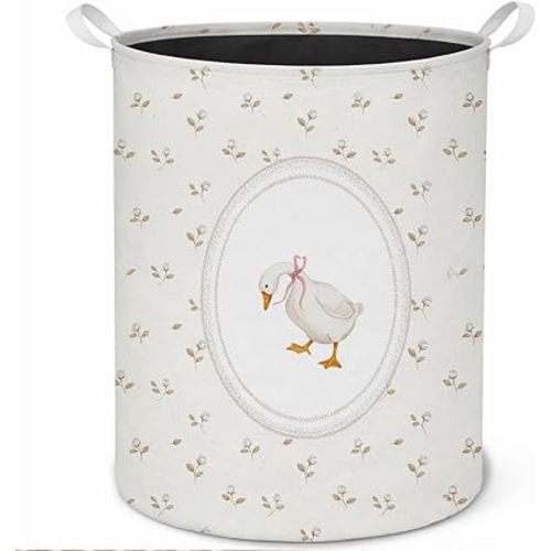 Neutral Flower Goose Laundry Basket, Coquette Pink Bow Goose Floral Laundry Hamper Waterproof Collapsible Clothes Toys Storage Basket for Girls Nursery Playroom Bedroom Bathroom