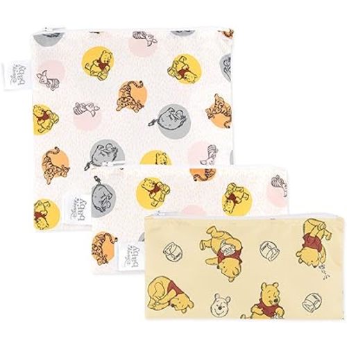 Bumkins Disney Reusable Sandwich and Snack Bags, for Kids School Lunch and for Adults Portion, Washable Fabric, Waterproof Cloth Zip Bag, Travel Pouch, Food-Safe Storage, 3-pk Winnie the Pooh