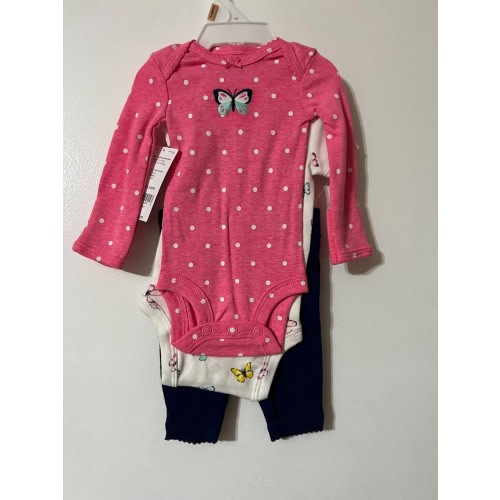 Preemie Baby Girl 3 pc Carter's Pants & Two Bodysuit Set Butterflies Polka Dots