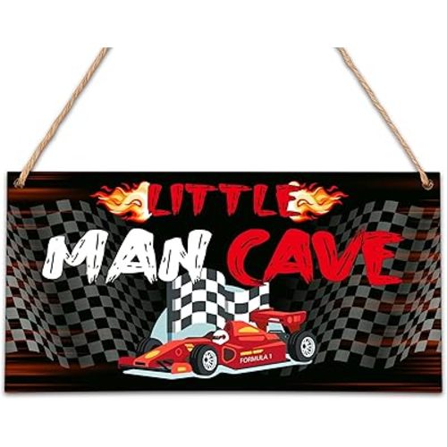 YSTEP Decorative Signage, Little Man Cave Wood Sign, 5x10 inches, Car Racing Themed Home Wall Art for Kids Room Door Decor - A04