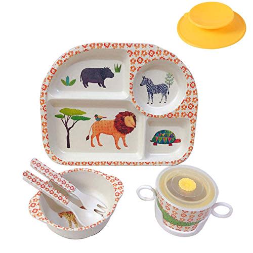 shopwithgreen 7Pcs/Set Bamboo Kids Dinnerware Set - Children Dishes - Food Plate Bowl Cup Spoon Fork Set Dishware, Cartoon Tableware, Dishwasher Safe Kids Healthy Mealtime, BPA Free