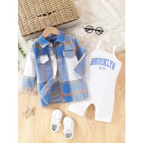 Baby Girl Plaid Jacket And Casual Shorts Jumpsuit Set, Minimalist Outfit, For Christmas | SHEIN USA