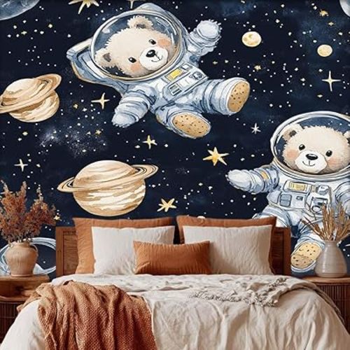 Generic Teddy Bear Wallpaper & Wall Murals, 144" W x 100" H - Planet Stars Astronaut Wall Mural Decoration, Space Galaxy Home Decor for Bedroom, Living Room, Waterproof - Not Peel and Stick - Ha4228