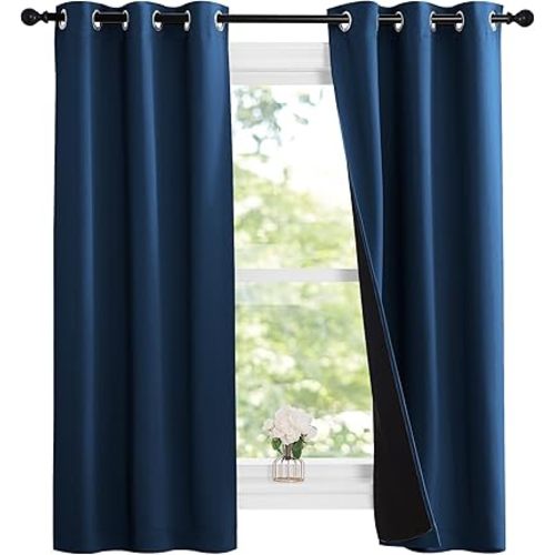 NICETOWN 100% Blackout Short Curtains with Black Liners, 2 Panels, 37" W by 50" L, Moroccan Blue, Thermal Insulated Full Blackout 2-Layer Lined Drapes, Energy Efficiency Window Draperies for Bedroom