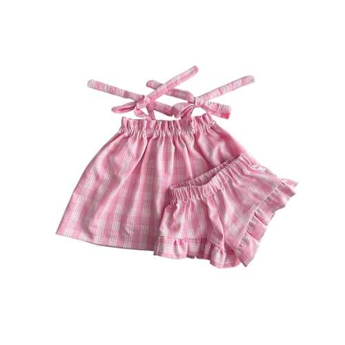 Children's and Baby Girls Palaka Summer Top and Ruffled Shorts Hawaii Plaid