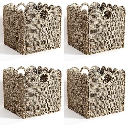 Scalloped Wicker Storage Cubes Basket, 12”x12“ Heavy Duty Paper rope/Hyacinth/Seagrass Baskets for Shelves, Foldable Natural Boho Square Bins (Seagrass, 12 x 12 x 12in, 4-Pack)
