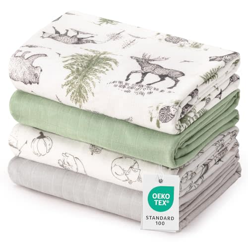 david's kids Muslin Swaddle Blankets, 4 Pack Organic Cotton Baby Blankets, Breathable Soft Receiving Blanket for Boys Girls, Newborn Essentials, Large 47 x 47 inches, Animal & Forest
