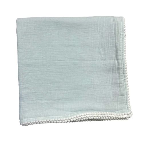 Swaddle Blanket-Pom Edge Blue/White