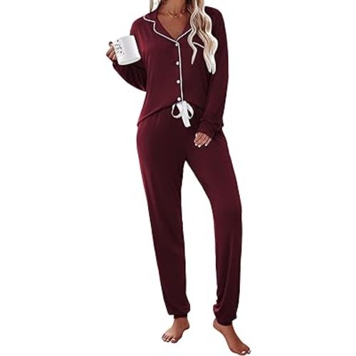 Ekouaer Pajamas Set Long Sleeve Sleepwear Womens Button Down Nightwear Soft Pj Loungewear with Pockets