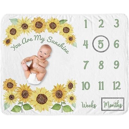 Sweet Jojo Designs Sunflower Girl Milestone Blanket Monthly Newborn First Year Growth Mat Baby Shower Memory Keepsake Gift Picture - Yellow and Green Farmhouse Watercolor Flower You are My Sunshine