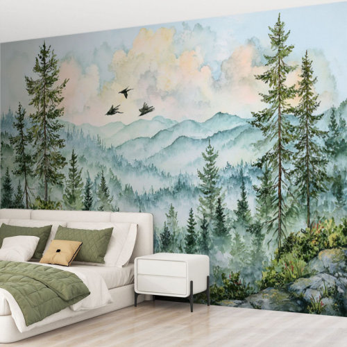 Millwood Pines Peel and Stick Wallpaper Wall Mural Green Forest Woodland Nursery Room Pine Trees Mountains Fog Birds Wall Art Self Adhesive and Removable | Wayfair