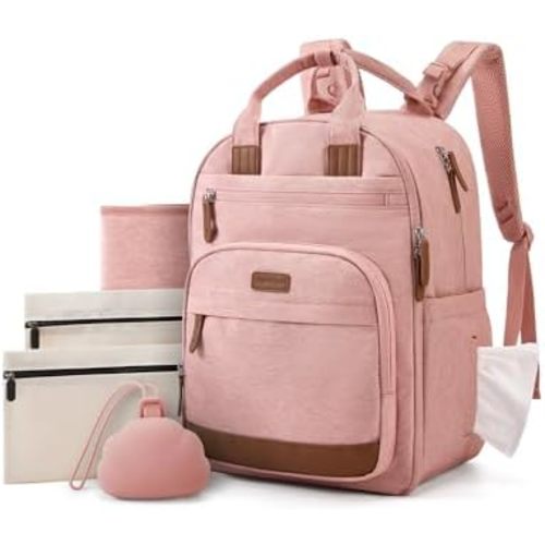 mommore Diaper Bag Backpack with Waterproof Changing Pad, Insulated Bottle Holders & Pacifier Case, Baby Diaper Bag with 2 Organizer Pouches, Stroller Straps, Pink