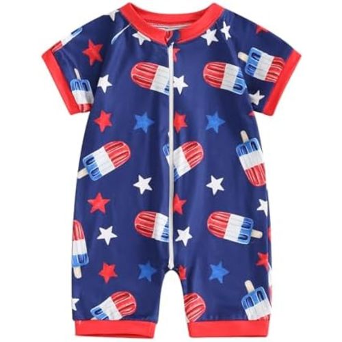 Rtnnsbbfcm Newborn Baby Boy Girl 4th Of July Outfit Short Sleeve Baseball American Flag Print Zip Up Romper Jumpsuit