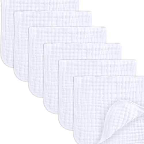 Comfy Cubs Muslin Burp Cloths 20" x 10", Pack of 6 - Large, 6-Layer, Ultra Absorbent 100% Cotton for Baby Spit-Up, Drool, and Messes - Soft, Safe & Gentle Baby Burp Cloths Set for Boys & Girls - White