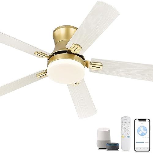 YOUKAIN Ceiling Fans with Lights, 52 inch Low Profile Ceiling fan with Remote Control and App Control, Flush Mount, Reversible, Dimmable, Gold Ceiling Fan for Bedroom, Indoor/Outdoor Use, 52-YJ865-GD