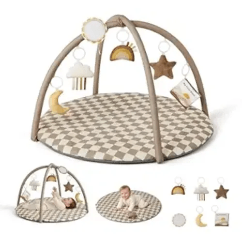 Blissful Diary Baby Play Gym Mat, Play Mat Activity Mat with 6 Detachable Toys for Stage-Based Sensory & Motor Skill Development, Easy to Install & Clean, Baby Essentials Gift, Brown Checkerboard