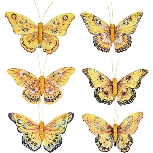 Berfutall-Artificial Feather 3D Butterfly Party Decorations Set of 12 with Clip 6 Color Yellow Series Ornaments for Home Decoration