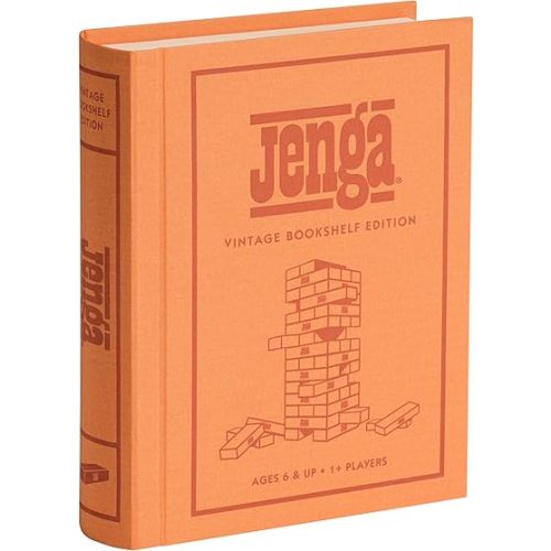 WS Game Company Jenga Vintage Bookshelf Edition, Linen Wrapped Book Box & Slipcase, 54 Hardwood Blocks & Stacking Sleeve, Classic Jenga Game for Adults & Kids, Ages 6+