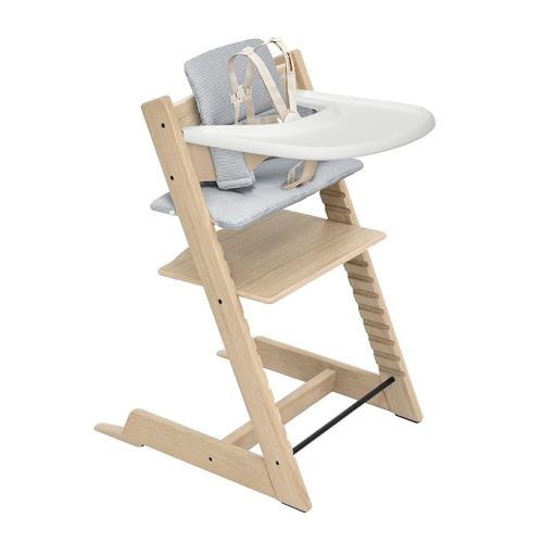 Stokke Tripp Trapp Oak High Chair 2 (Natural), Cushion 2 (Nordic Blue) + Stokke Tray (White) - Includes Chair + Baby Set with Removable Harness for Children 6-36 Months