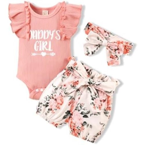 Newborn Baby Girl Summer Clothes Outfits Daddys Little Girl Short Sleeve Romper Infant Floral Shorts Set 3Pcs…