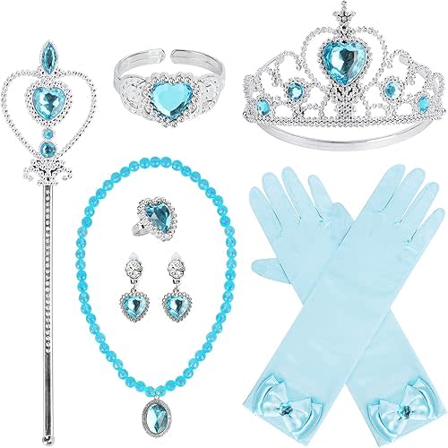 Princess Dress Up Party Accessories for Princess Costume Gloves Tiara Wand Necklace Earrings Bracelet and Ring Gift Set 9pcs (Blue, Set of 7, 9pcs)