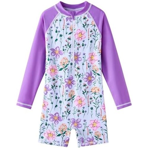 Girls Long Sleeve Rash Guard Swimsuits Zipper Bathing Suits