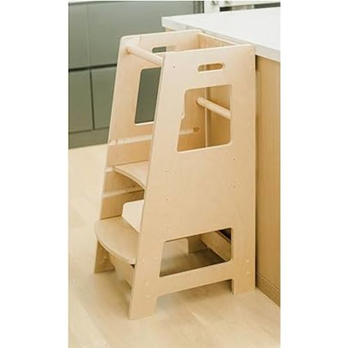 KidzWerks Child Standing Tower Kids Kitchen Step Stool Toddler Wood Stepping Stool - Children's Montessori Stool - Adjustable Platform, Natural Wood