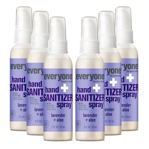 Everyone Hand Sanitizer Spray, 2 Fl Oz (Pack of 6), Lavender and Aloe, Made with Sugarcane Derived Alcohol with Essential Oils, 99% Effective Against Germs TSA friendly