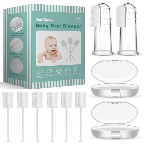 105 Pieces Tongue Cleaner + 2 PCS Finger Toothbrush Soft Gauze with Box Disposable Tongue Cleaner Infants Oral Mouth Cleaner Newborn Care 0-36 Month Infants