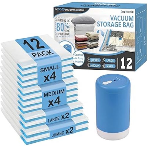 Travel Vacuum Storage Bags with Rechargeable Cordless USB Pump, 12 Combo
