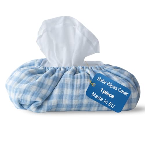 Baby Wipes Cover – Universal Size, One Size Fits All Wipes Packages | Muslin Cotton Tissue Cover for Nursery, Diaper Bag & Changing Table, Station | Gingham & Neutral Patterns (Baby Blue Gingham)