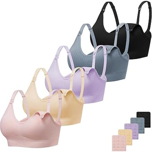 Angelhood Ribbed Nursing Bra Wireless V Neck Maternity Nursing Bra Low Cut Bralette Sleeping Breastfeeding with Extenders