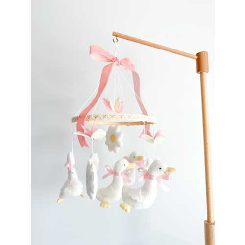 Handmade Geese Crib Mobile: Felt Daisies & Pink Bows